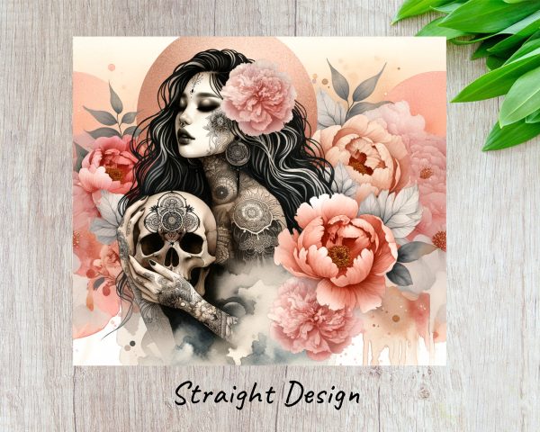 Floral Skull Tattoo Art 20oz Skinny Tumbler Sublimation Wrap PNG - Image 3