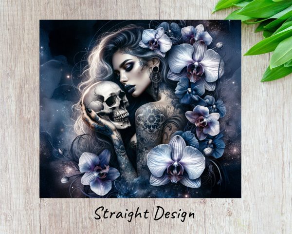 Dark Gothic Woman with Skull and Blue Orchids 20oz Skinny Tumbler Sublimation Wrap PNG - Image 3