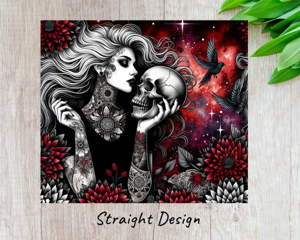 Gothic Tattooed Woman Holding Skull Artwork 20oz Skinny Tumbler Sublimation Wrap PNG - Image 3