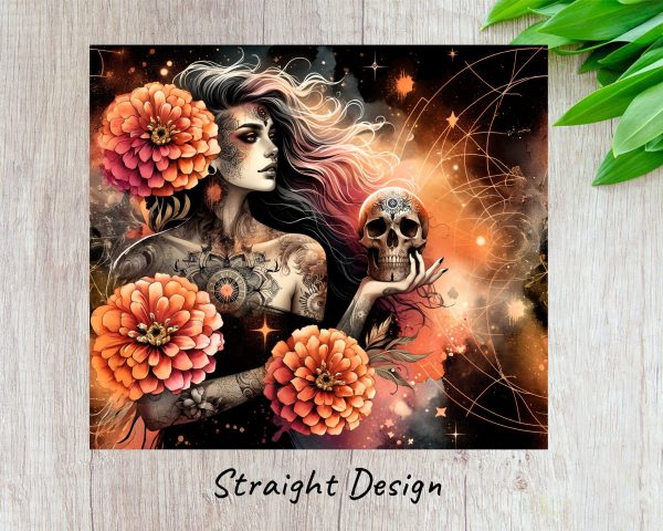 Mystical Tattooed Woman with Skull 20oz Skinny Tumbler Sublimation Wrap PNG - Image 3