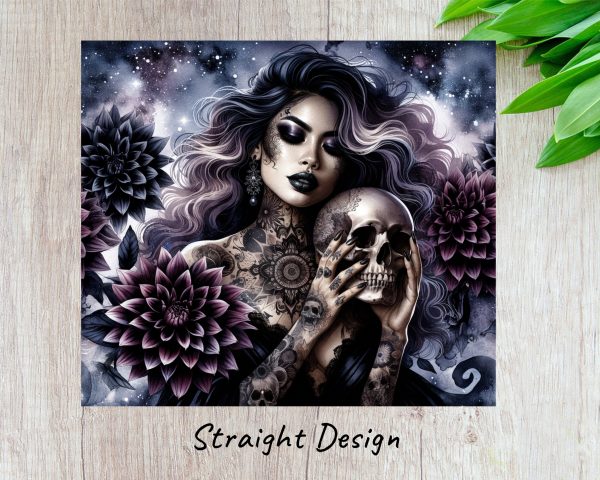 Celestial Gothic Woman Holding Skull 20oz Skinny Tumbler Sublimation Wrap PNG - Image 3