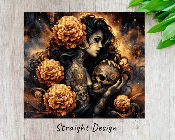 Enigmatic Lady Skull Flowers Tattoo 20oz Skinny Tumbler Sublimation Wrap PNG - Image 3