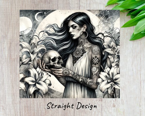 Gothic Woman Holding Skull Tattoo Art 20oz Skinny Tumbler Sublimation Wrap PNG - Image 3