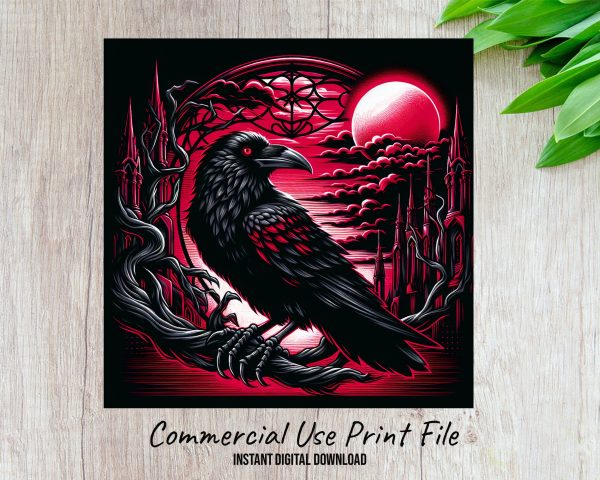 Gothic Raven Red Moon Wind Spinner Sublimation Design PNG - Image 2