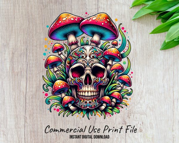 Skull and Colorful Mushrooms 300 DPI Sublimation Design File