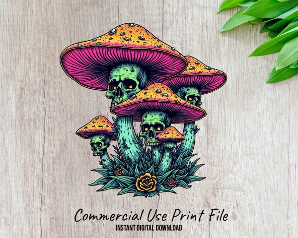 Skull Mushrooms Illustration 300 DPI Transparent PNG Sublimation Design