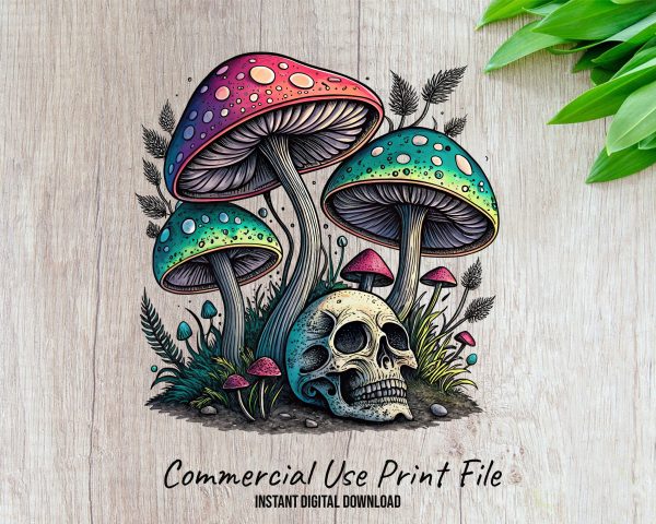 Colorful Mushroom Skull Art 300 DPI Transparent PNG Sublimation Design