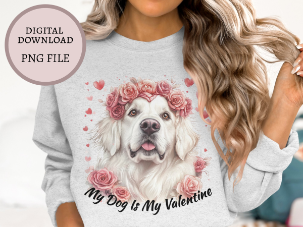 Beautiful White Dog with Rose Crown Sublimation Design PNG