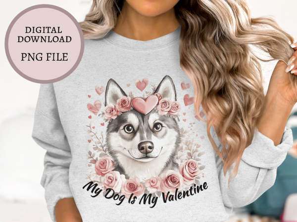 Adorable Husky with Roses and Hearts Sublimation Design PNG