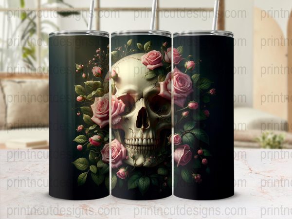 Skull and Pink Roses 20oz Skinny Sublimation Tumbler Wrap