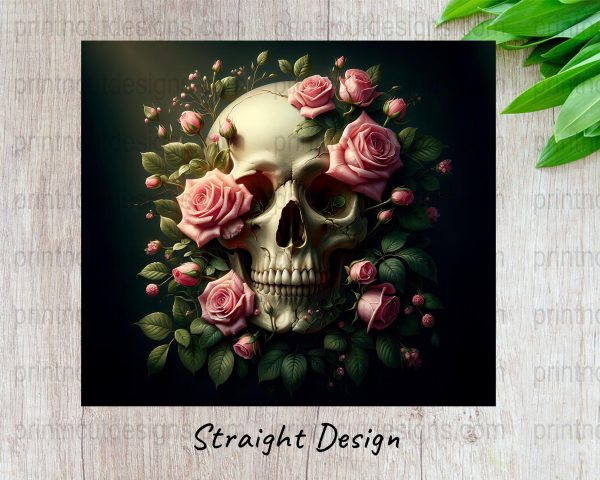 Skull and Pink Roses 20oz Skinny Sublimation Tumbler Wrap - Image 3