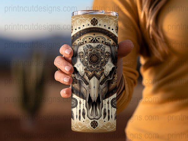 Boho Western Bull Skull Design 20oz Skinny Sublimation Tumbler Wrap - Image 2