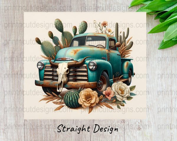 Vintage Teal Truck with Cactus 20oz Skinny Sublimation Tumbler Wrap - Image 3