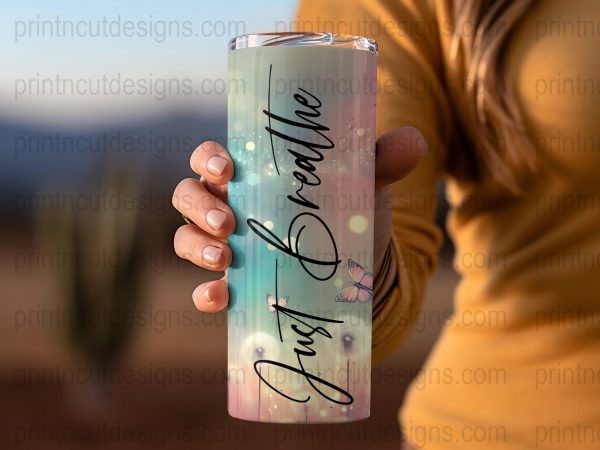 Just Breathe Pastel Butterflies Fantasy Scene 20oz Skinny Sublimation Tumbler Wrap - Image 2