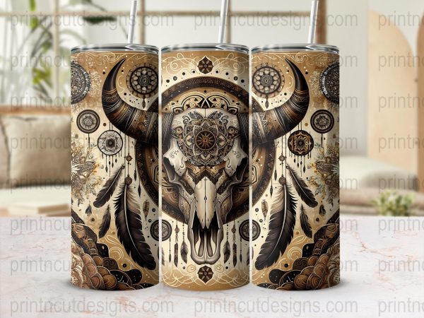 Boho Western Bull Skull Design 20oz Skinny Sublimation Tumbler Wrap