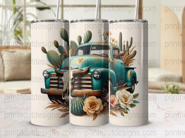 Vintage Teal Truck with Cactus 20oz Skinny Sublimation Tumbler Wrap