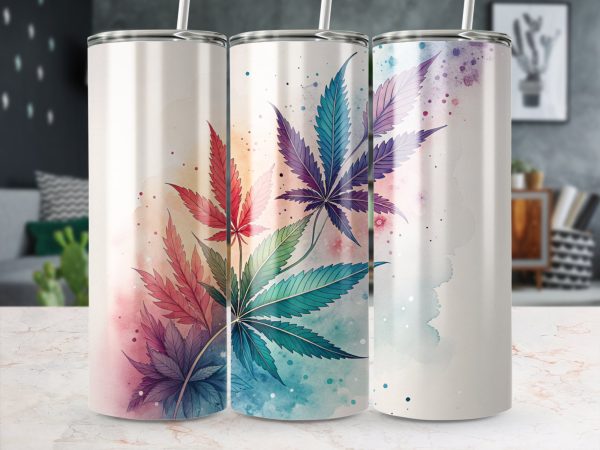 Colorful Cannabis Leaves on Watercolor Background 20oz Skinny Tumbler Sublimation Wrap PNG - Image 3