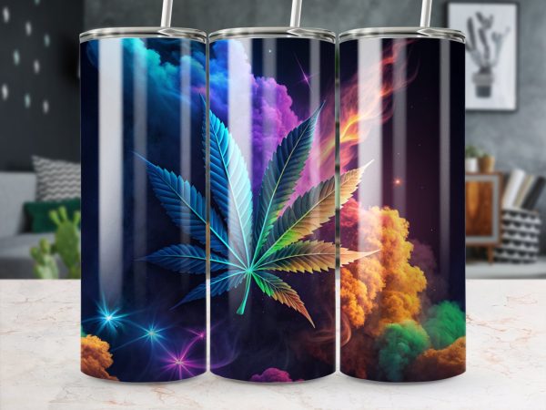 Psychedelic Cannabis Leaf Colorful Art 20oz Skinny Tumbler Sublimation Wrap PNG - Image 3