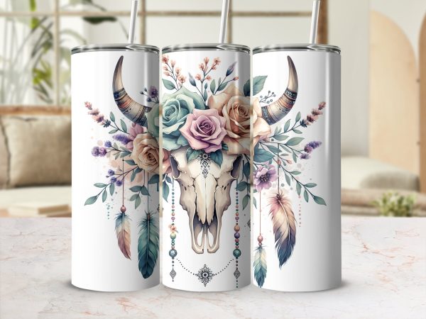 Boho Cow Skull Floral 20oz Skinny Tumbler Wrap