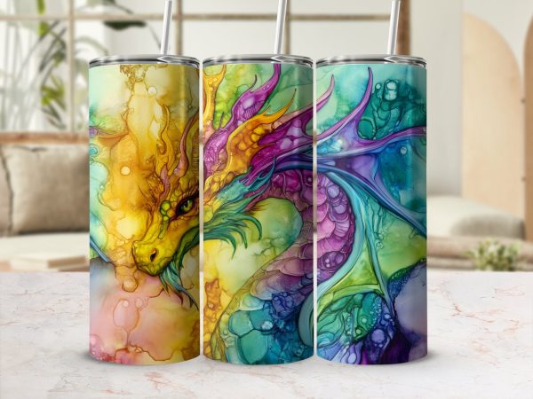 Vibrant Fantasy Dragon Illustration for 20oz Skinny Tumbler Sublimation Wrap PNG - Image 2