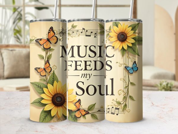 Music Feeds My Soul Sunflower 20oz Sublimation Tumbler Wrap - Image 2