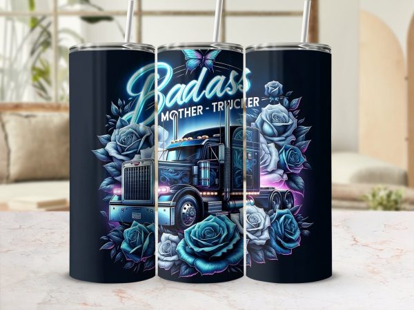 Badass Mother Trucker Roses with Butterfly 20oz Sublimation Tumbler Wrap - Image 2