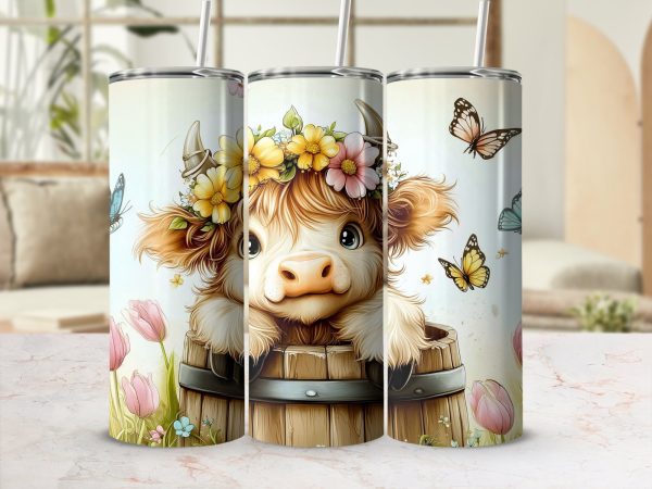 Cute Highland Cow with Flowers 20oz Sublimation Tumbler Wrap - Image 2