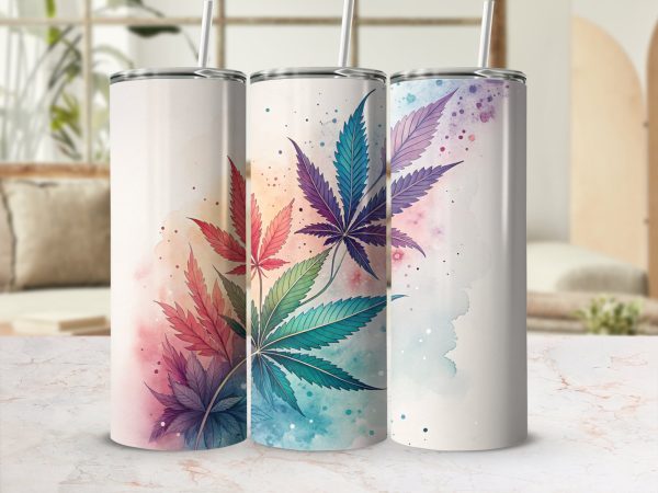 Colorful Cannabis Leaves on Watercolor Background 20oz Skinny Tumbler Sublimation Wrap PNG - Image 2