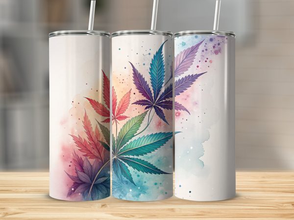 Colorful Cannabis Leaves on Watercolor Background 20oz Skinny Tumbler Sublimation Wrap PNG