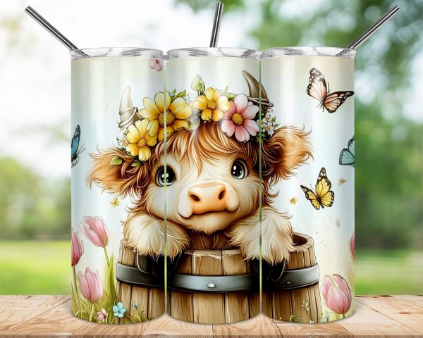 Cute Highland Cow with Flowers 20oz Sublimation Tumbler Wrap