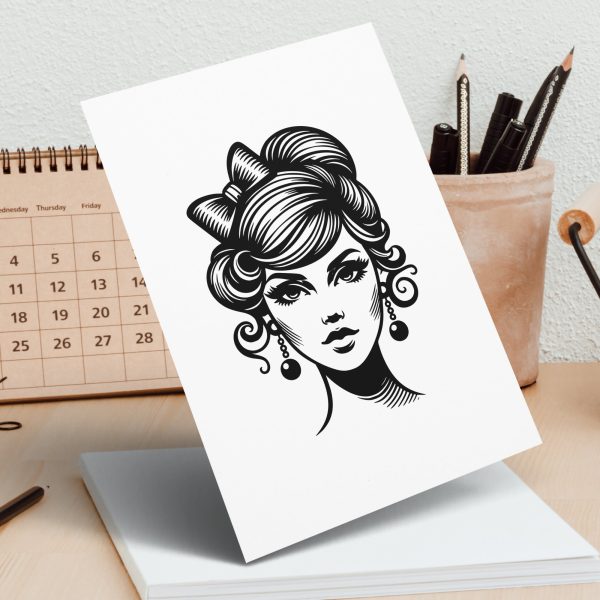 Retro Elegant Woman Portrait with Bow SVG File Design Element - Image 4