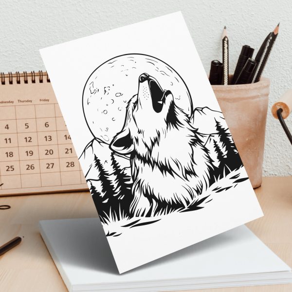 Howling Wolf with Full Moon SVG File Design Element - Image 7