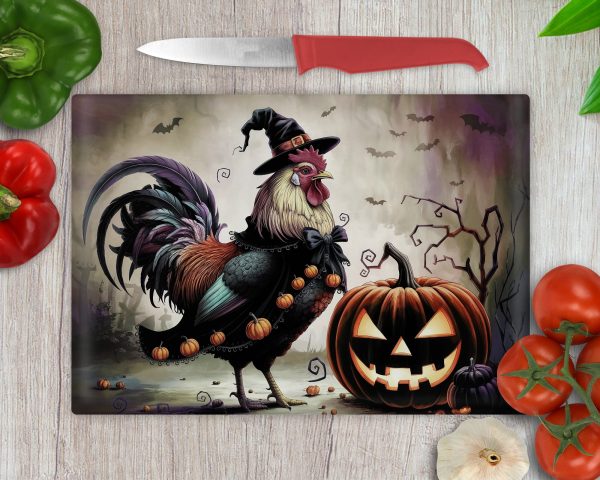 Halloween Rooster Digital Image, Rooster in Witch Hat, Halloween Decor, Cutting Board PNG, Rooster and Pumpkin Art