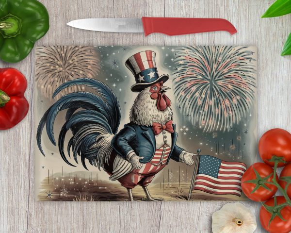 Patriotic Rooster Cutting Board Design, 4th of July Sublimation PNG, Kitchen Decor Cutting Board, Rooster Holding USA Flag