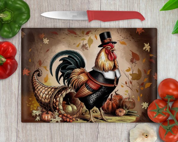 Thanksgiving Cutting Board Sublimation PNG, Rooster Cornucopia Design, Fall Harvest Art, Kitchen Decor, Holiday Gift Idea