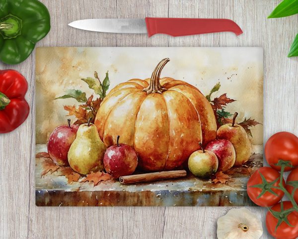 Autumn Harvest Pumpkin and Fruits Glass Cutting Board Sublimation Design