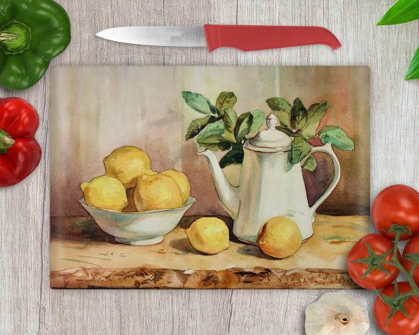 Lemon and Teapot Illustration Glass Cutting Board Sublimation Design