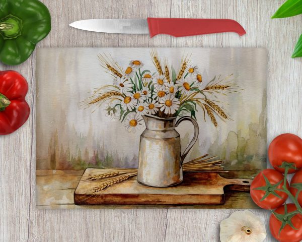 Rustic Floral Art Bouquet on Glass Cutting Board Sublimation Design