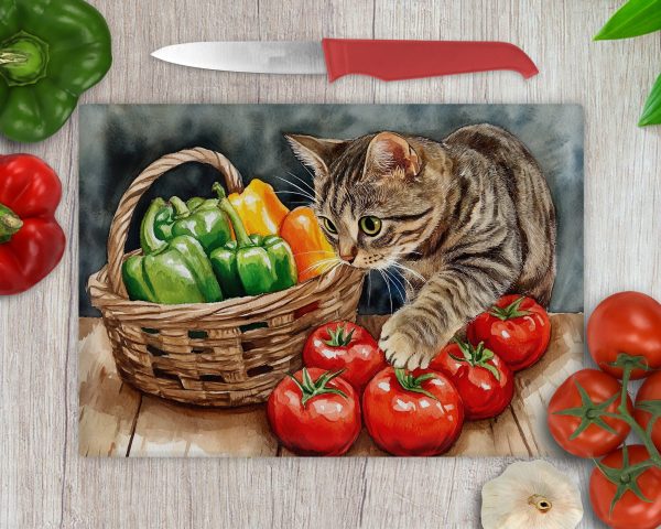 Curious Cat with Vegetables Glass Cutting Board Sublimation Design