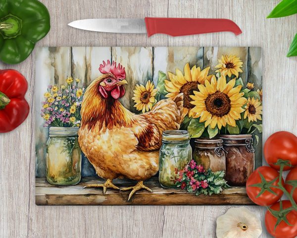 Rustic Rooster and Sunflowers Glass Cutting Board Sublimation Design