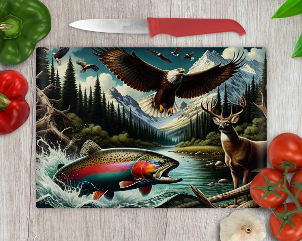 Majestic Wildlife River Scene Cutting Board Sublimation Design PNG