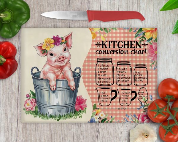 Cute Pig in Bucket with Kitchen Conversion Chart Glass Cutting Board Sublimation Design PNG