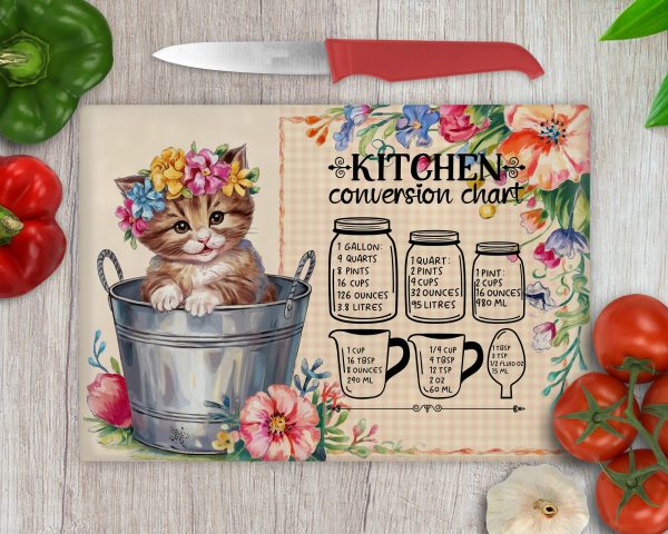 Adorable Kitten in Bucket Kitchen Conversion Chart Glass Cutting Board Sublimation Design PNG