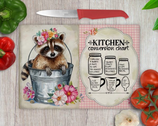 Cute Raccoon Kitchen Conversion Chart Glass Cutting Board Sublimation Design PNG