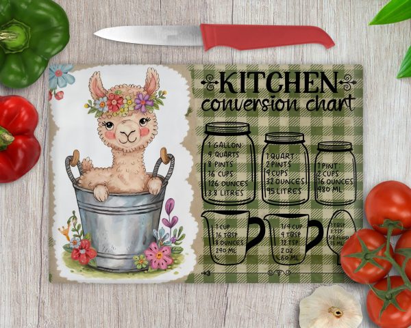 Cute Llama in Bucket Kitchen Conversion Chart Glass Cutting Board Sublimation Design PNG