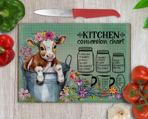 Bouquet Flower Crown Cow Kitchen Conversion Chart Glass Cutting Board Sublimation Design PNG