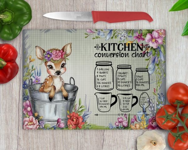 Kitchen Conversion Chart with Floral Print Glass Cutting Board Sublimation Design PNG