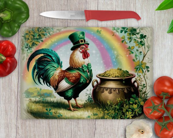 Irish Rooster with Pot of Gold Rainbow PNG Design, St Patrick's Day Cutting Board Sublimation PNG, Shamrock Chicken Art