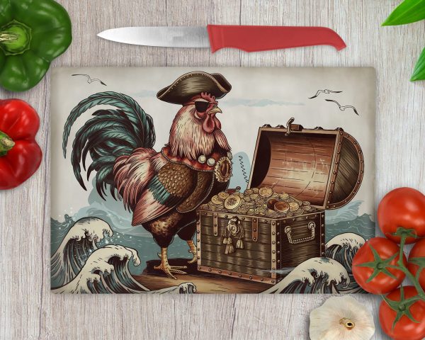 Pirate Rooster Cutting Board Sublimation PNG, Treasure Chest Design, Nautical Kitchen Decor, Vibrant Print for Cutting Boards