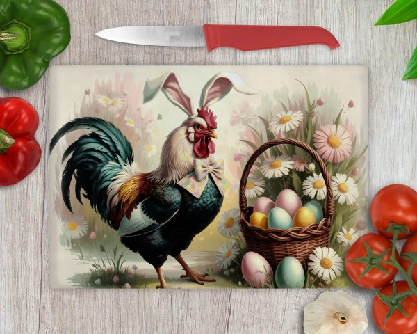 Chicken Easter Bunny Sublimation PNG Design, Vintage Rooster with Easter Eggs, Floral Spring Cutting Board Design